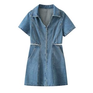 Retro Hong Kong Casual Mid Length Younger Denim Dress Women Summer Maxi Dress