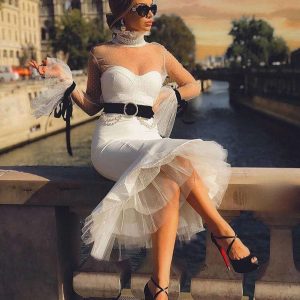 Advanced Sexy See through Mesh Slimming Long Sleeves Waistband Beaded Fringe Margin Dress