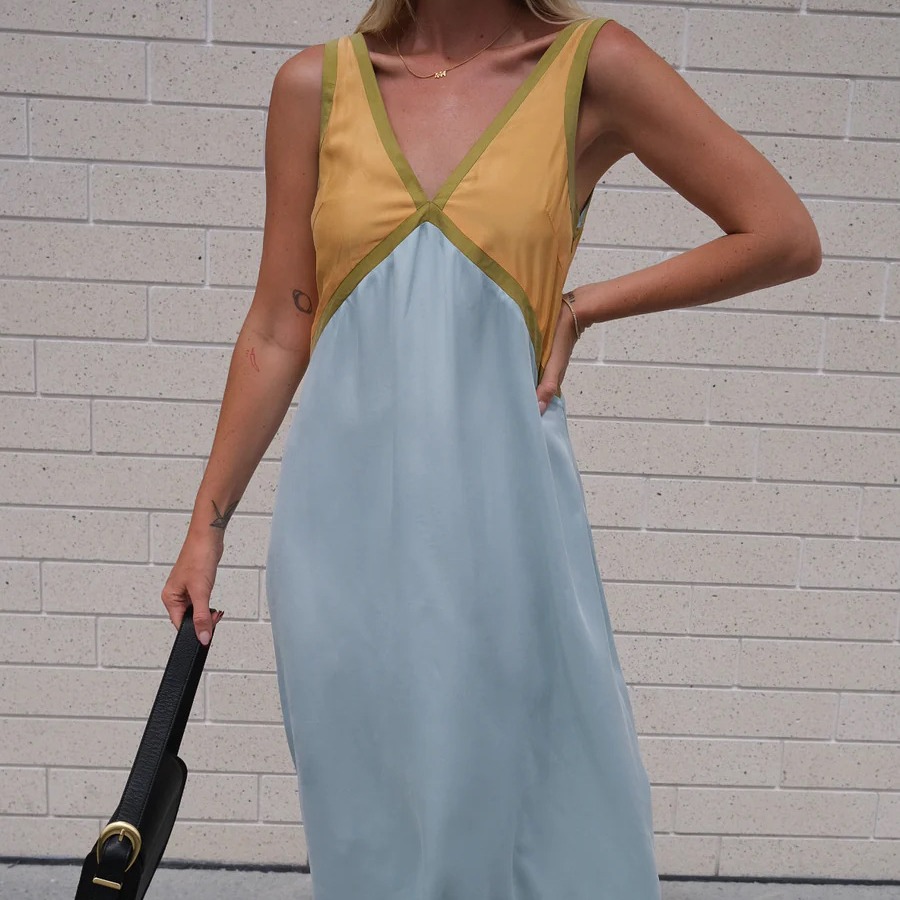 Fashionable V Neck Sleeveless Color Matching Cuprammonuium Large Swing Dress Spring Summer - Image 2