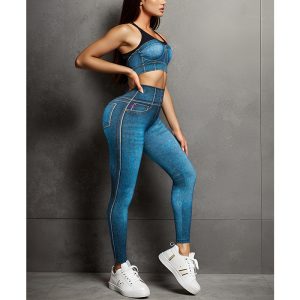 Running Fitness Sports Tight Denim Blue Bra Strap Chest Pad Vest Women Seamless High Waist Yoga Set