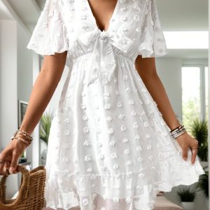 Women Summer V Neck Short Sleeve A Line Dress