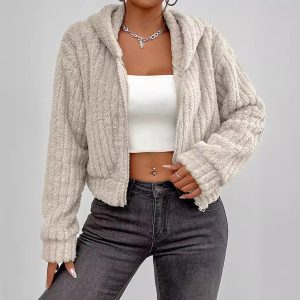 Product Hooded Zipper Short Plush Top Coat for Women