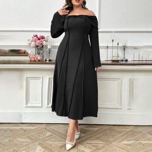 Plus Size Women Elegant Intellectual Dress Autumn Winter Boat Collar Adult Lady like Woman Elegant Midi Dress