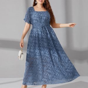 Plus Size Long Elastic Waist Drawstring Printed Dress Stitching