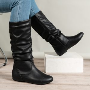 Pleated Faux Leather Surface Women Boots Side Ramen Casual Round Toe Flat Bottom Women Ankle Boots Solid Color Women Boots
