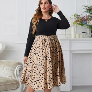 Plus Size Long Sleeve Stitching Dress Polka Dot Printing Loose Dress