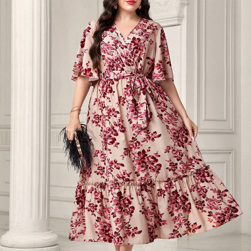 Plus Size Spring Summer Younger Printed Women Clothing Tied V neck Dress