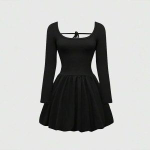 Plus Size Women Clothes U Neck Sexy Dress Autumn Winter High Waist A line Lace up Slim Fit Short for Women