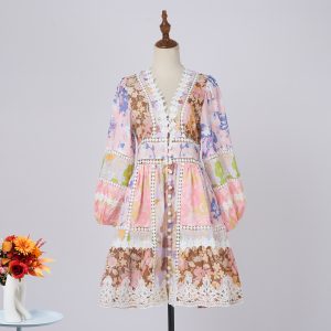 Sweet Linen Pattern Patchwork Cutout Lace Trim V Neck Short Dress