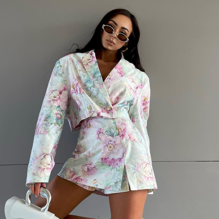 Loose Suit Skirt Two Piece Set Long Sleeve Collared Top Printed High Waist Skirt Sets - Image 2