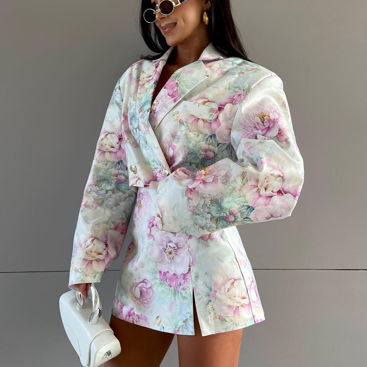 Loose Suit Skirt Two Piece Set Long Sleeve Collared Top Printed High Waist Skirt Sets - Image 3